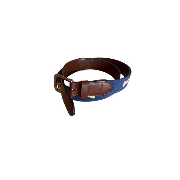 Tommy Bahama Navy Canvas Belt With Leather Trim & Bow Tie Embroidery Small - Picture 1 of 5